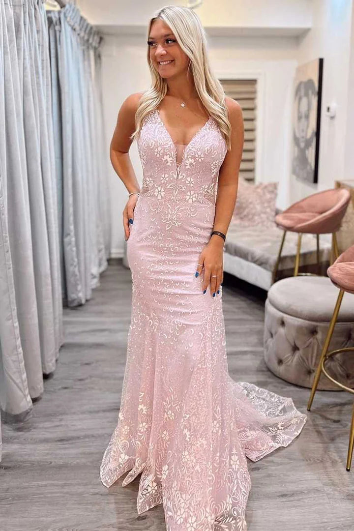 Vestido de fiesta de sirena con escote en V y espalda descubierta de tul